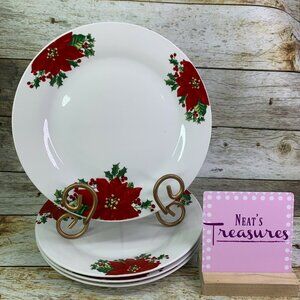 Gibson NOBLE POINSETTIA Red Floral Holly Rim Smooth Lunch Salad Plates Set of 4